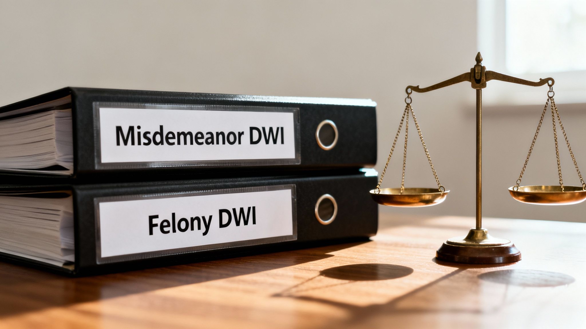 Two legal binders, one labeled 'Misdemeanor DWI' and the other 'Felony DWI,' with a scale of justice.