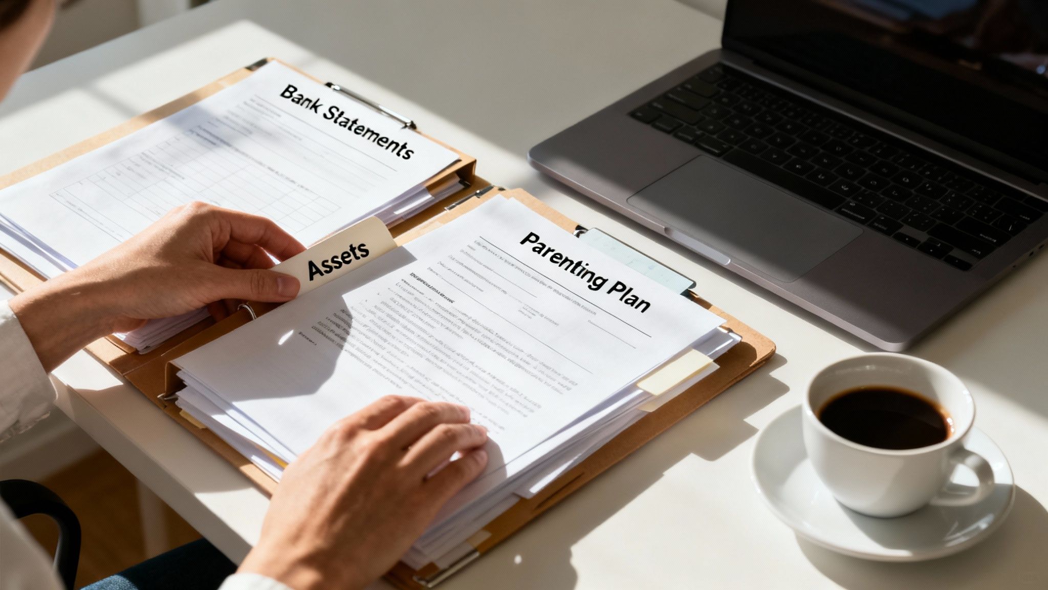 Person reviewing divorce financial documents including parenting plan, assets, and bank statements at desk