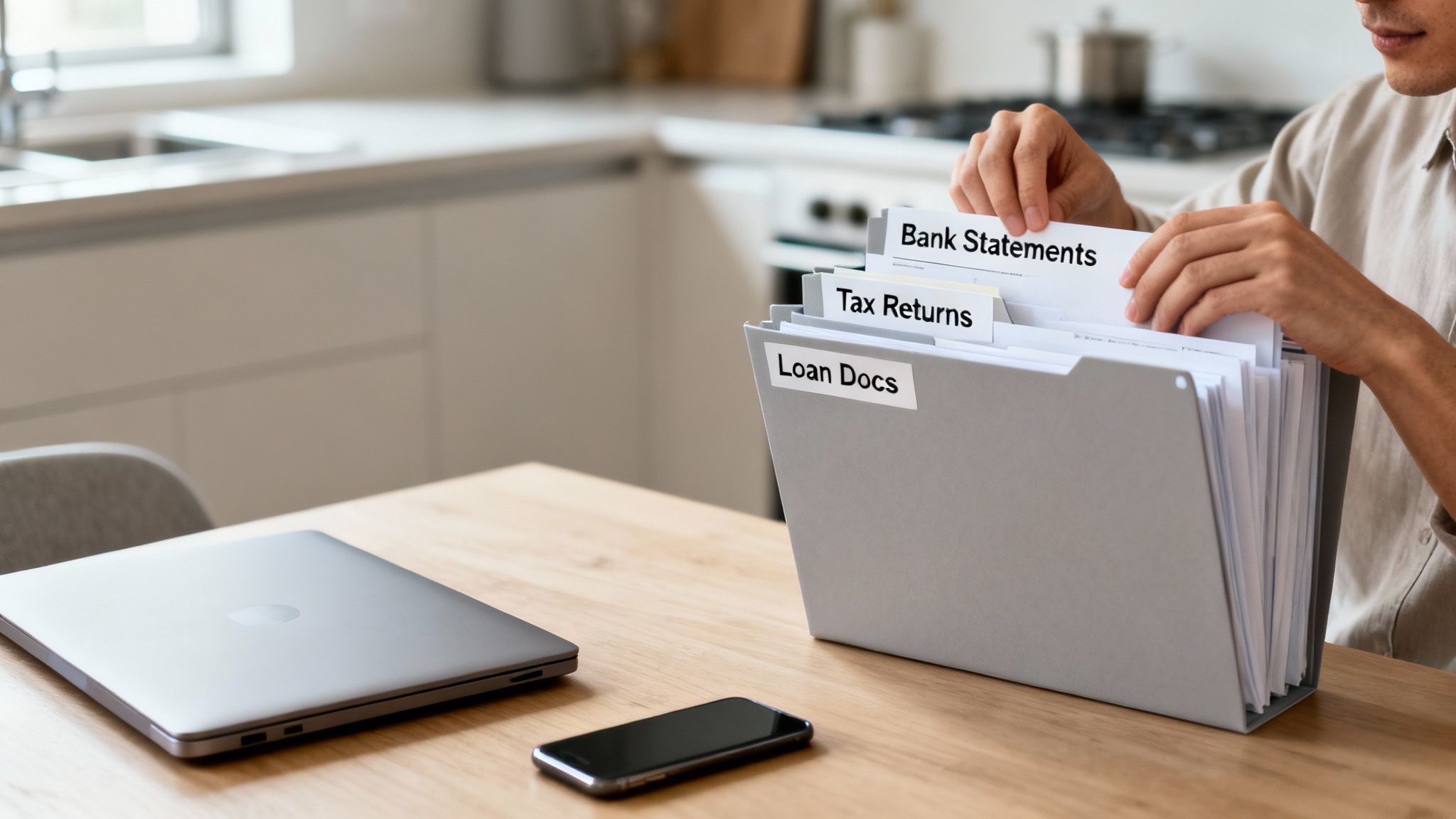 Person organizing financial documents, including bank statements, tax returns, and loan docs, in a file folder.