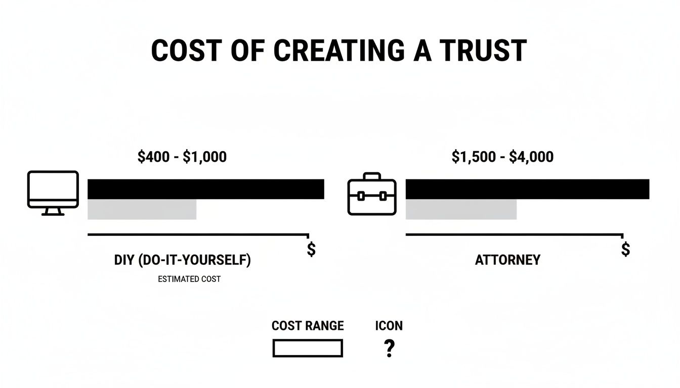 Infographic comparing DIY and attorney costs for creating a trust, showing estimated ranges.