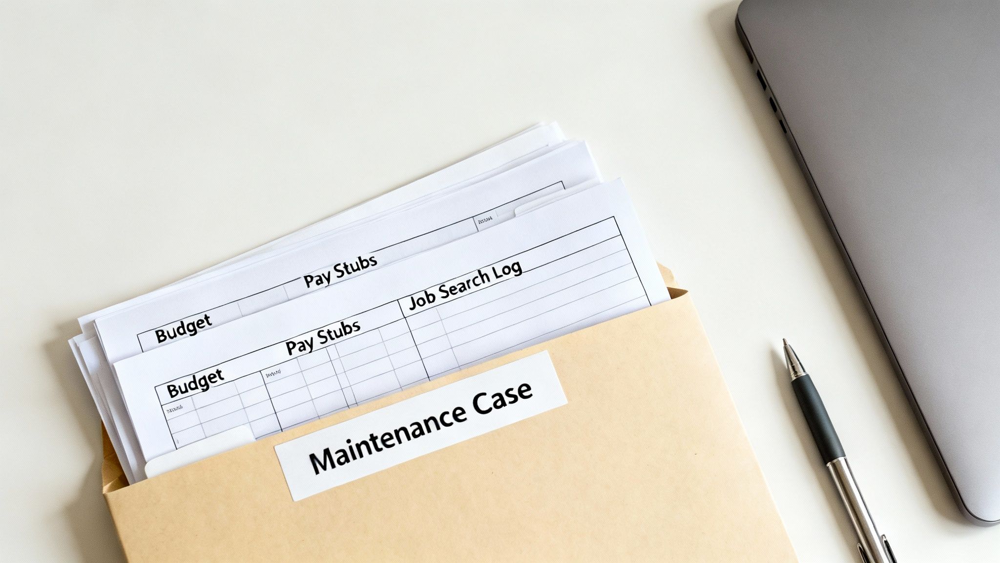 Documents like budget, pay stubs, and job search log in a 'Maintenance Case' folder with a laptop and pen.