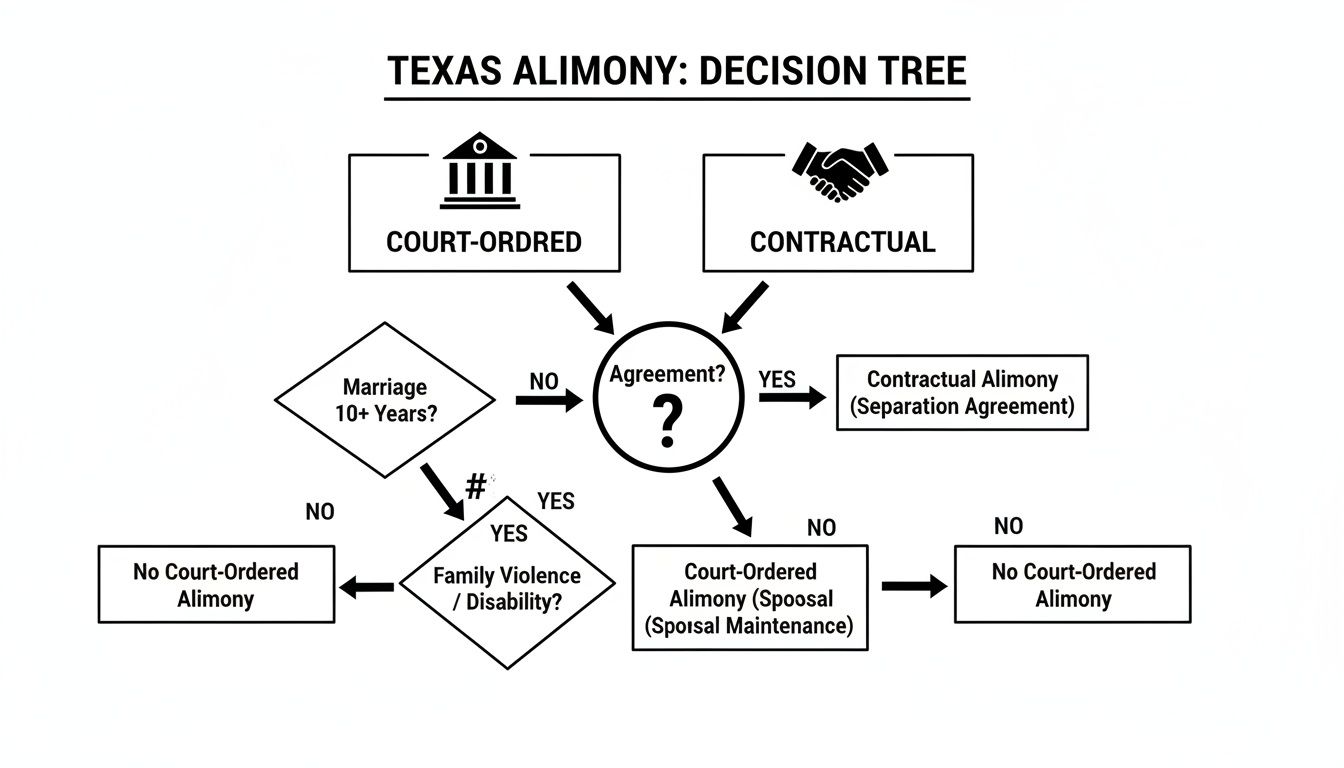 Decision tree flowchart illustrating Texas Alimony types and eligibility criteria.