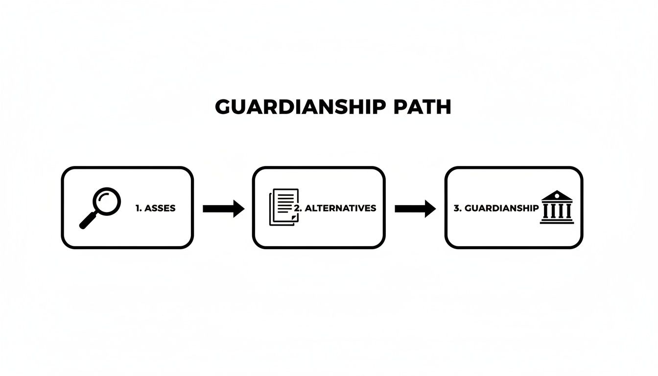 Flowchart illustrating the guardianship path, featuring steps: "1. Assess," "2. Alternatives," and "3. Guardianship," emphasizing the legal process of applying for guardianship.