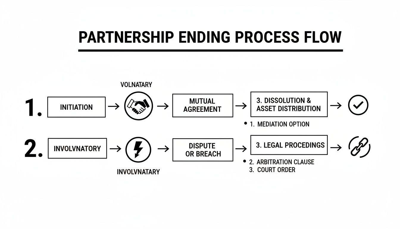 Partnership ending process flowchart illustrating voluntary and involuntary dissolution steps, including initiation, mutual agreement, asset distribution, disputes, and legal proceedings.