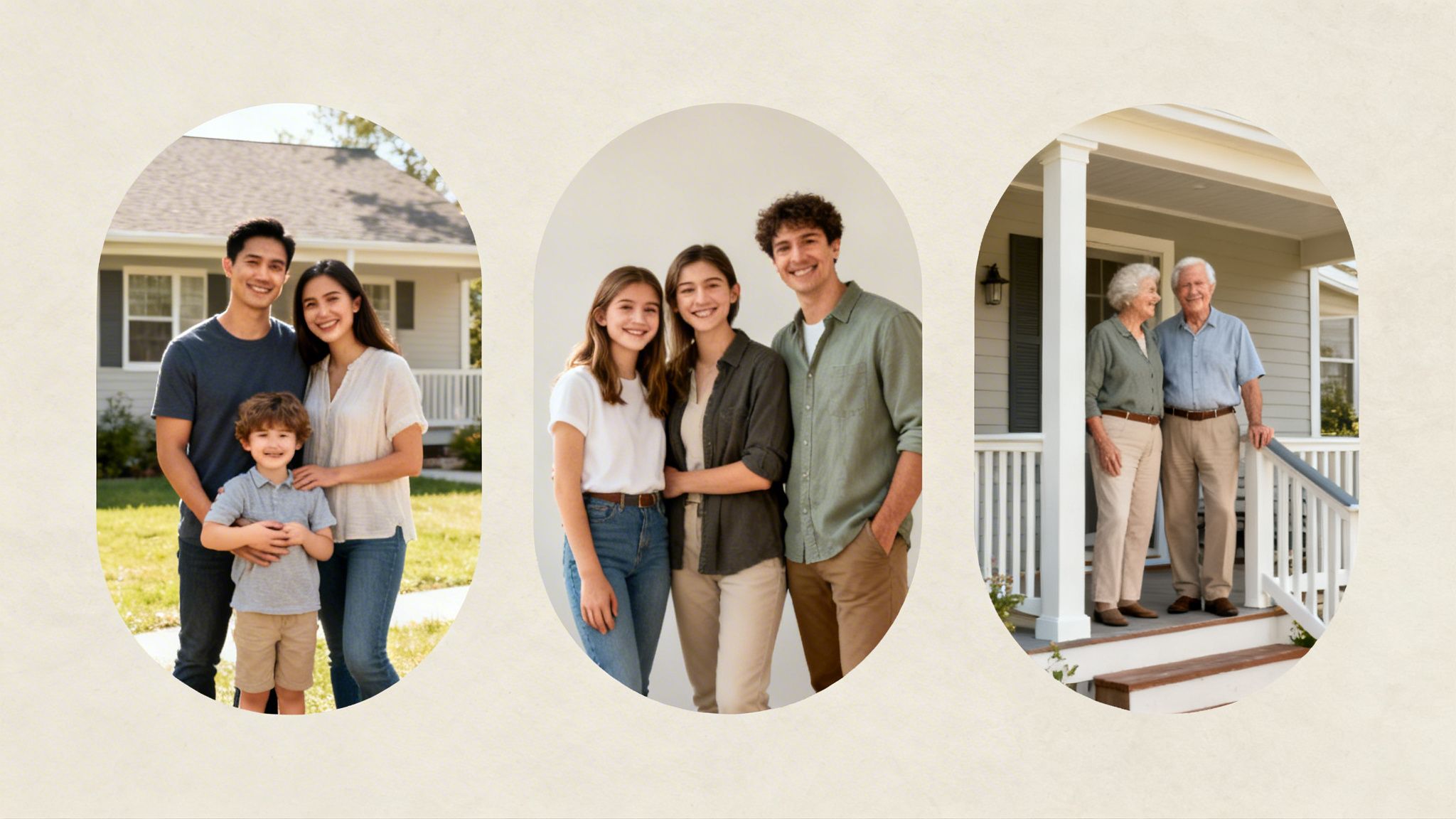 Three multi-generational families pictured in separate oval frames, representing different life stages.