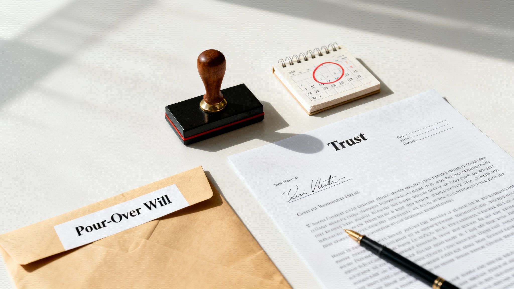 A desk with a 'Trust' document, a 'Pour-Over Will' envelope, a stamp, and a calendar.