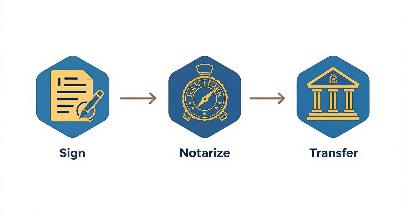 Three-step trust process showing document signing, notarization, and property transfer to institution