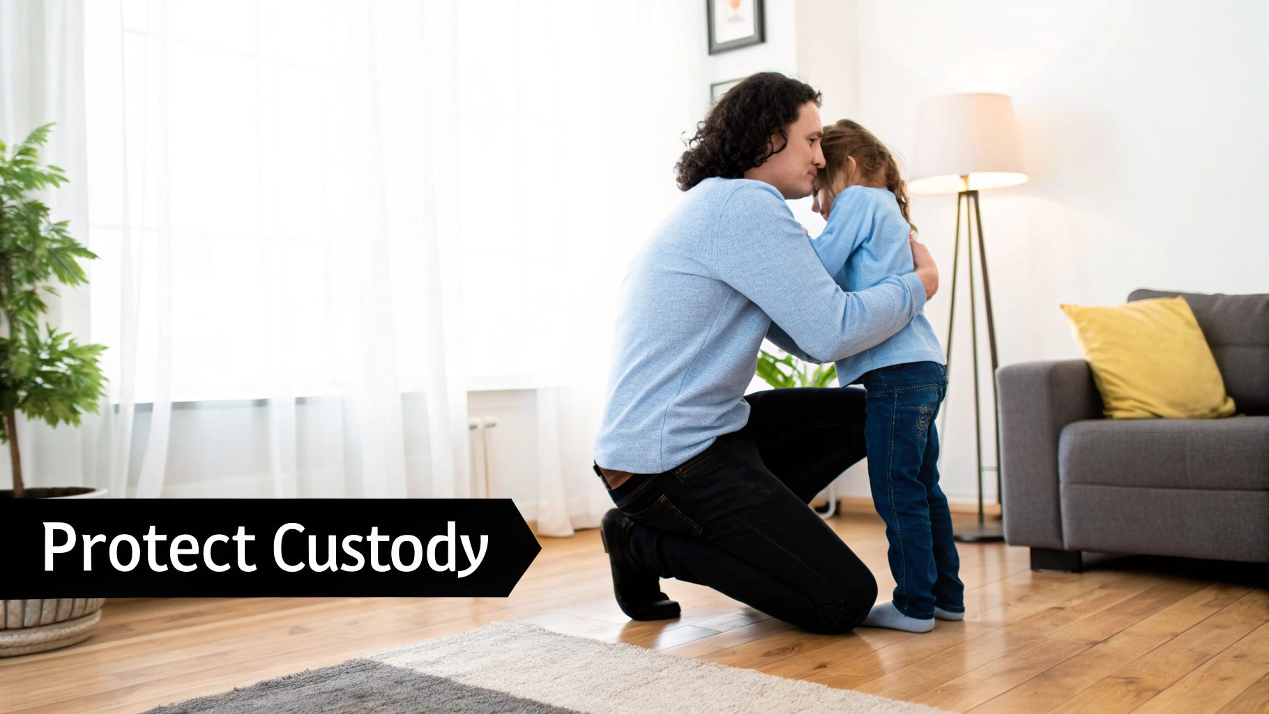 A caring father kneels to hug his young daughter in a bright, modern living room.