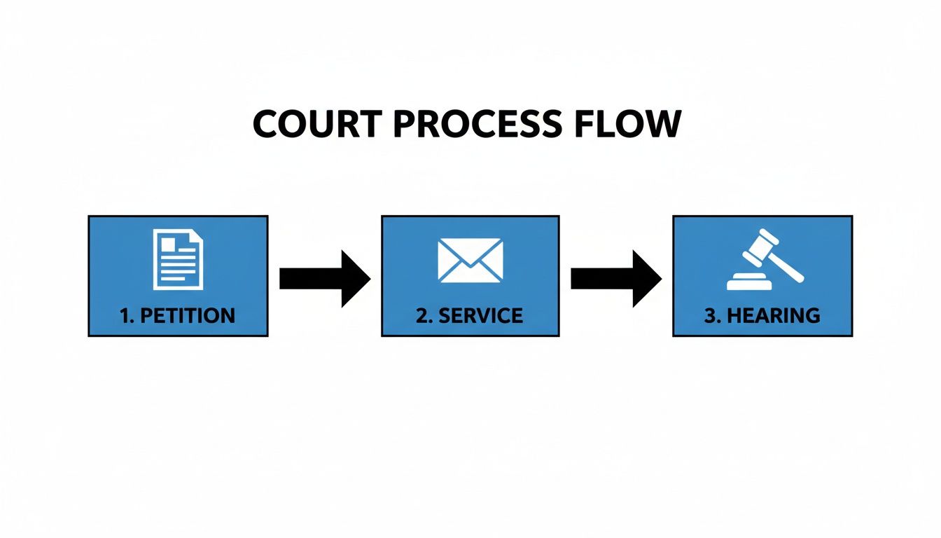 Flowchart illustrating the court process from petition to service to hearing.