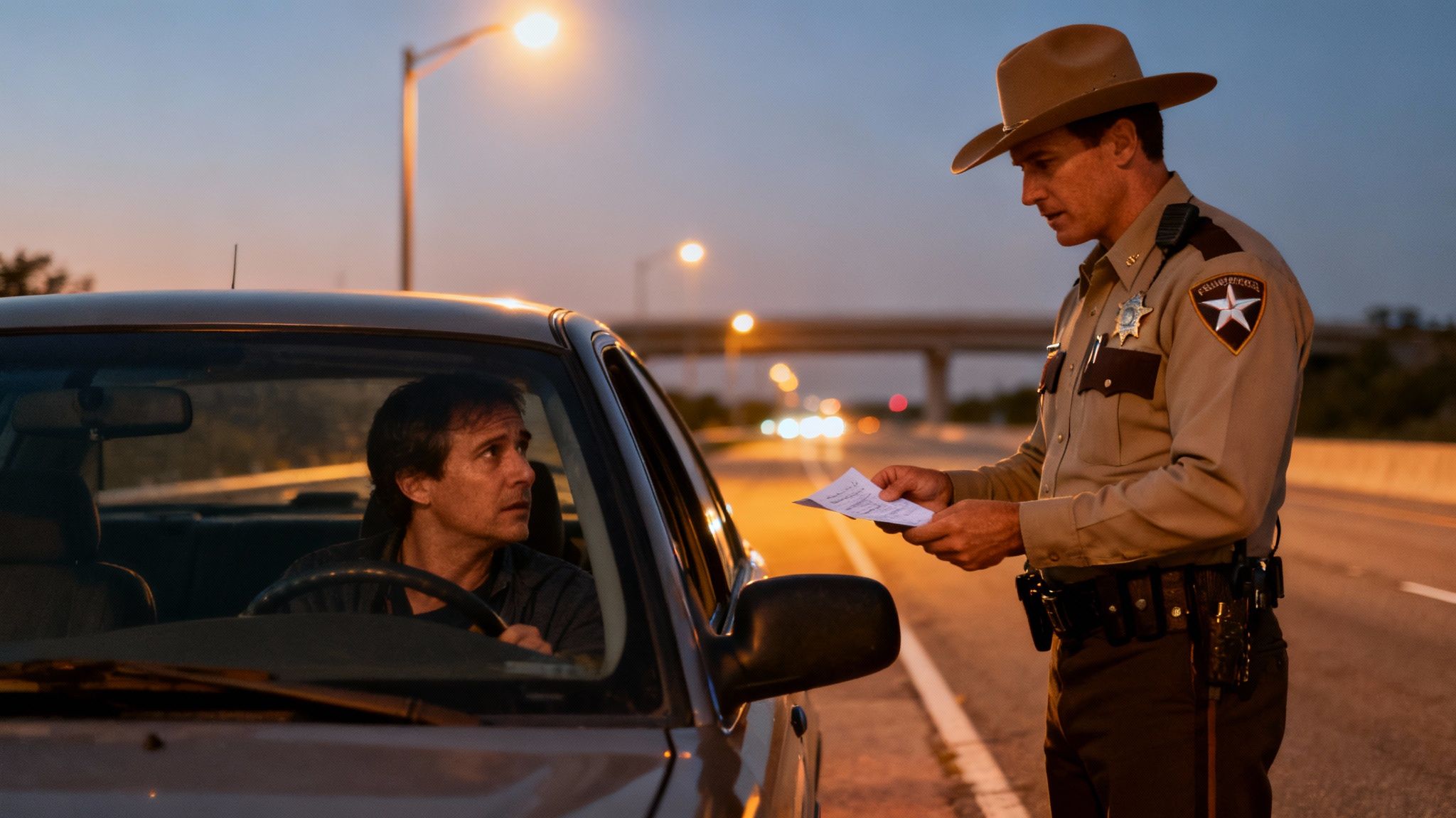 Police officer issuing citation to driver during DWI traffic stop on Texas highway at dusk.