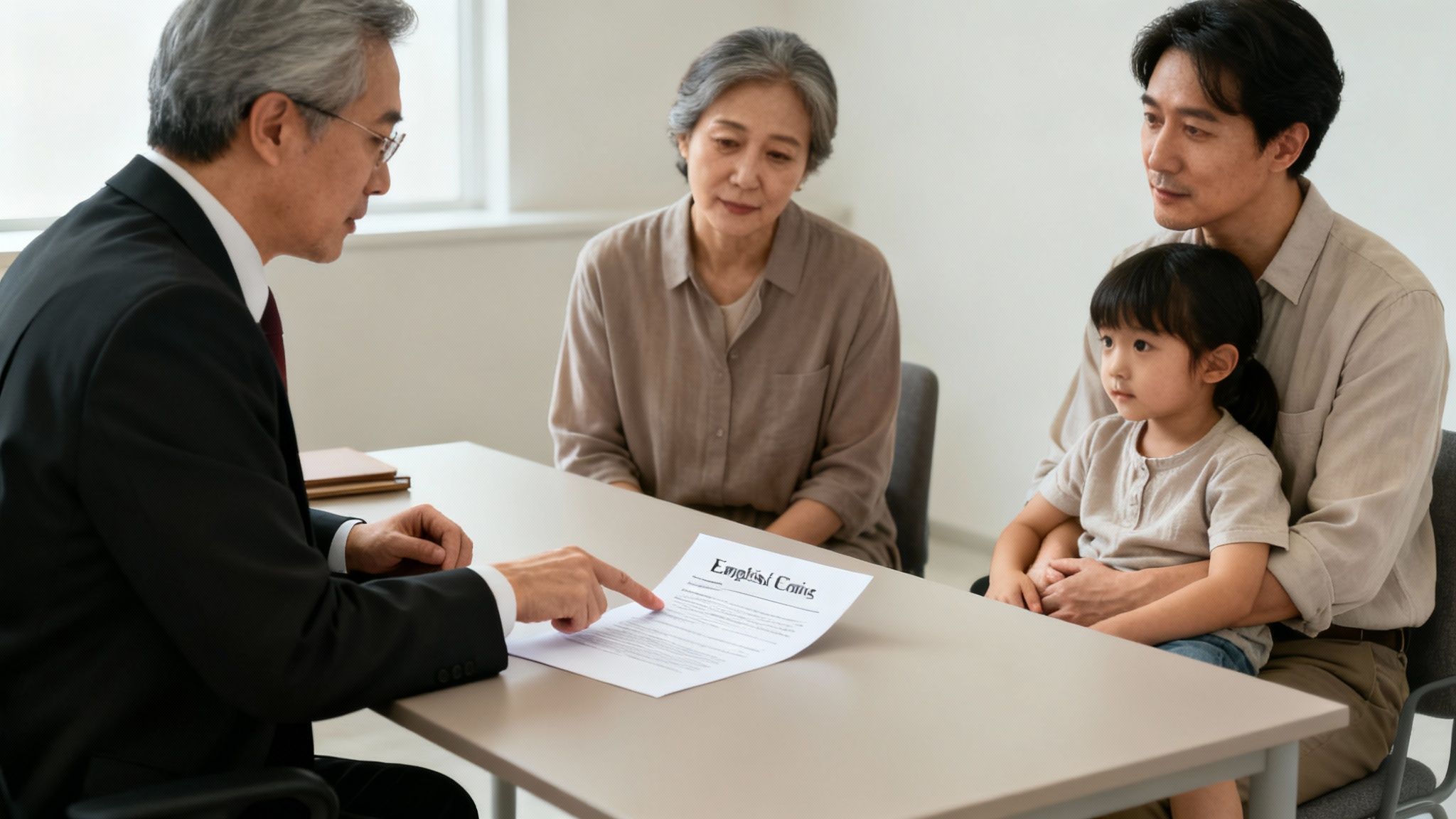 An elderly lawyer advises a multi-generational Asian family on a document, possibly an employee contract.