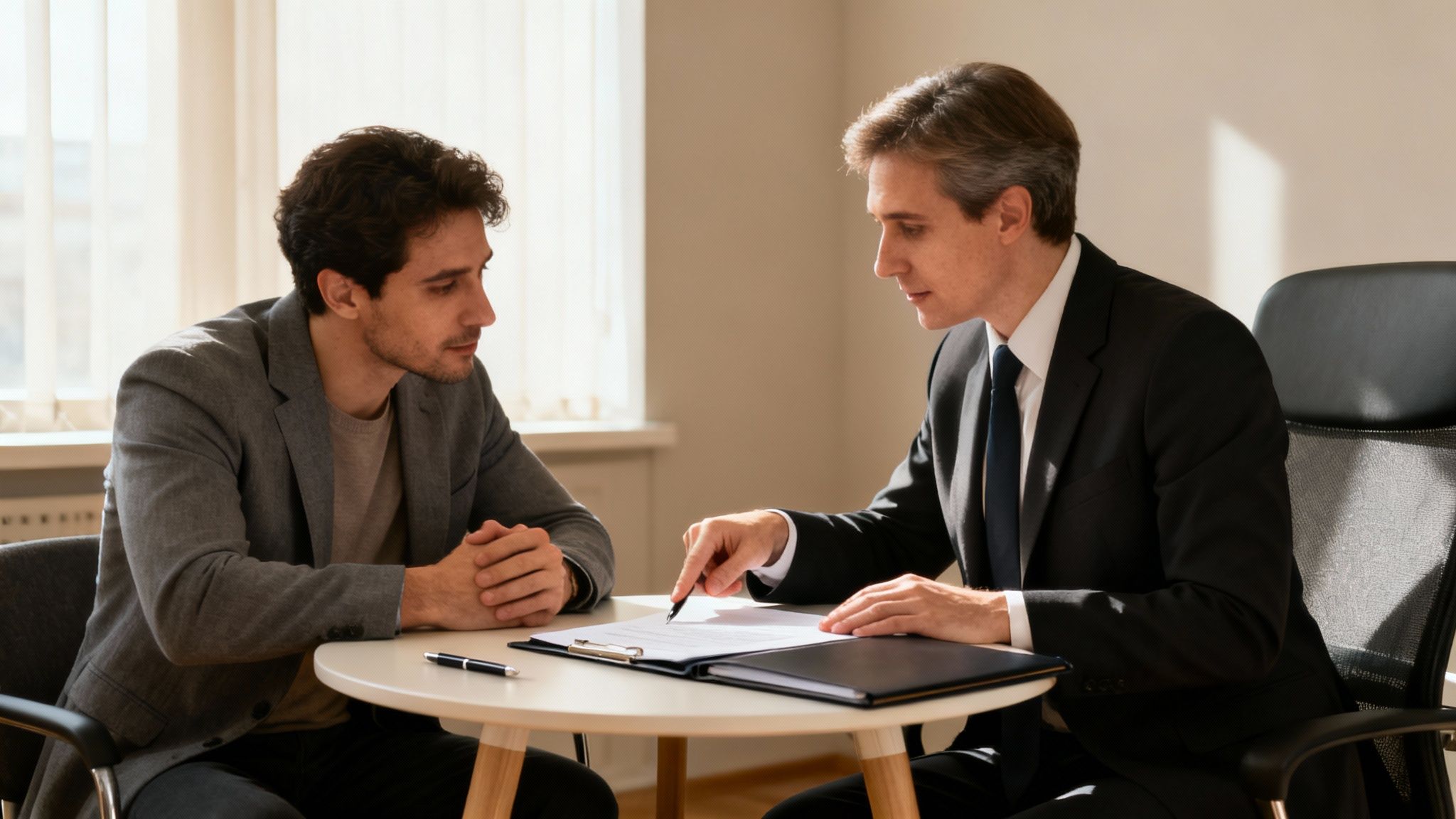 Two men, one in a suit, discussing a document on a table during a meeting.