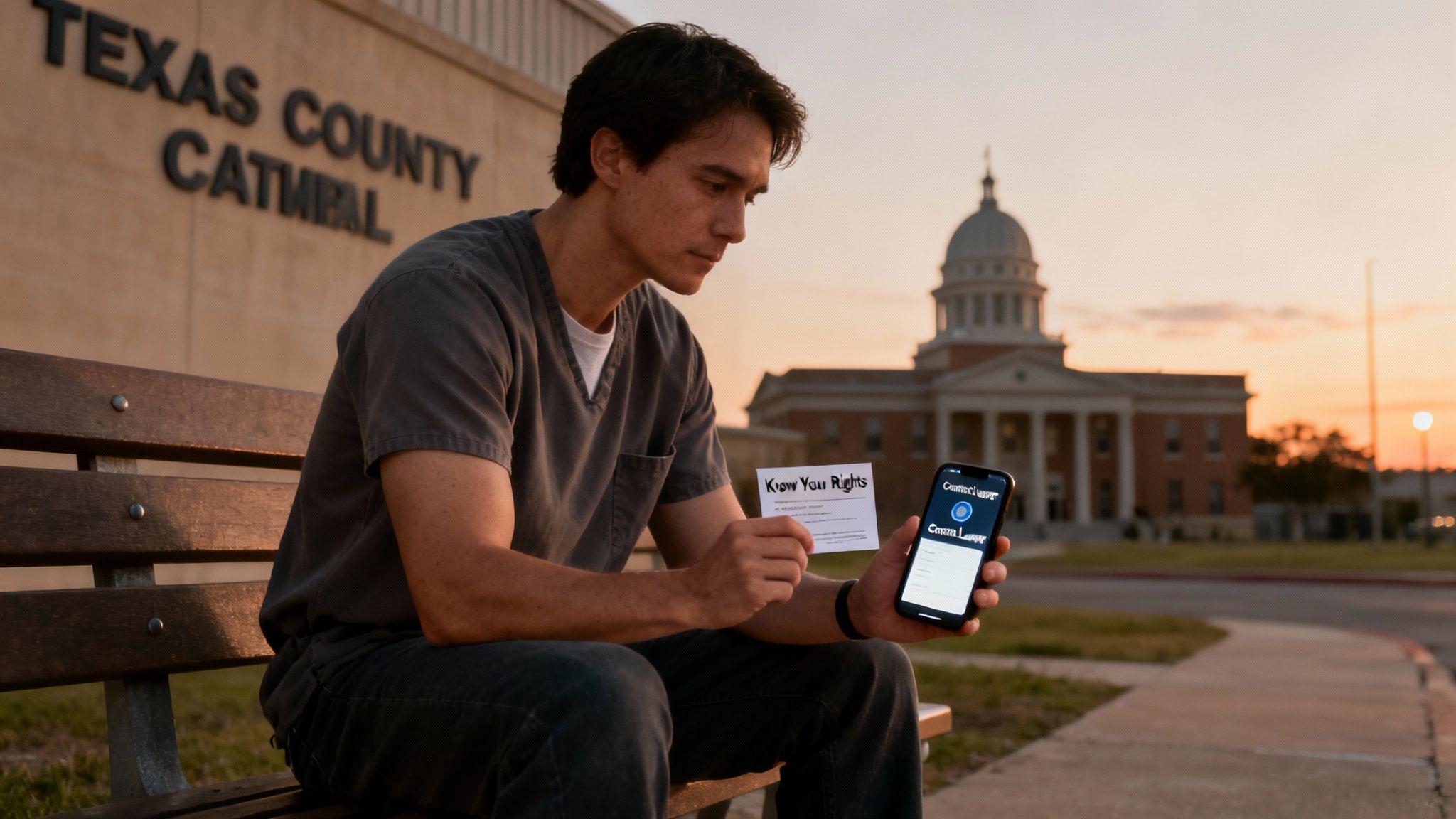 Man sitting on a bench outside Texas County Courthouse, holding a "Know Your Rights" card and a smartphone displaying criminal law resources, emphasizing the importance of legal representation after an arrest in Texas.