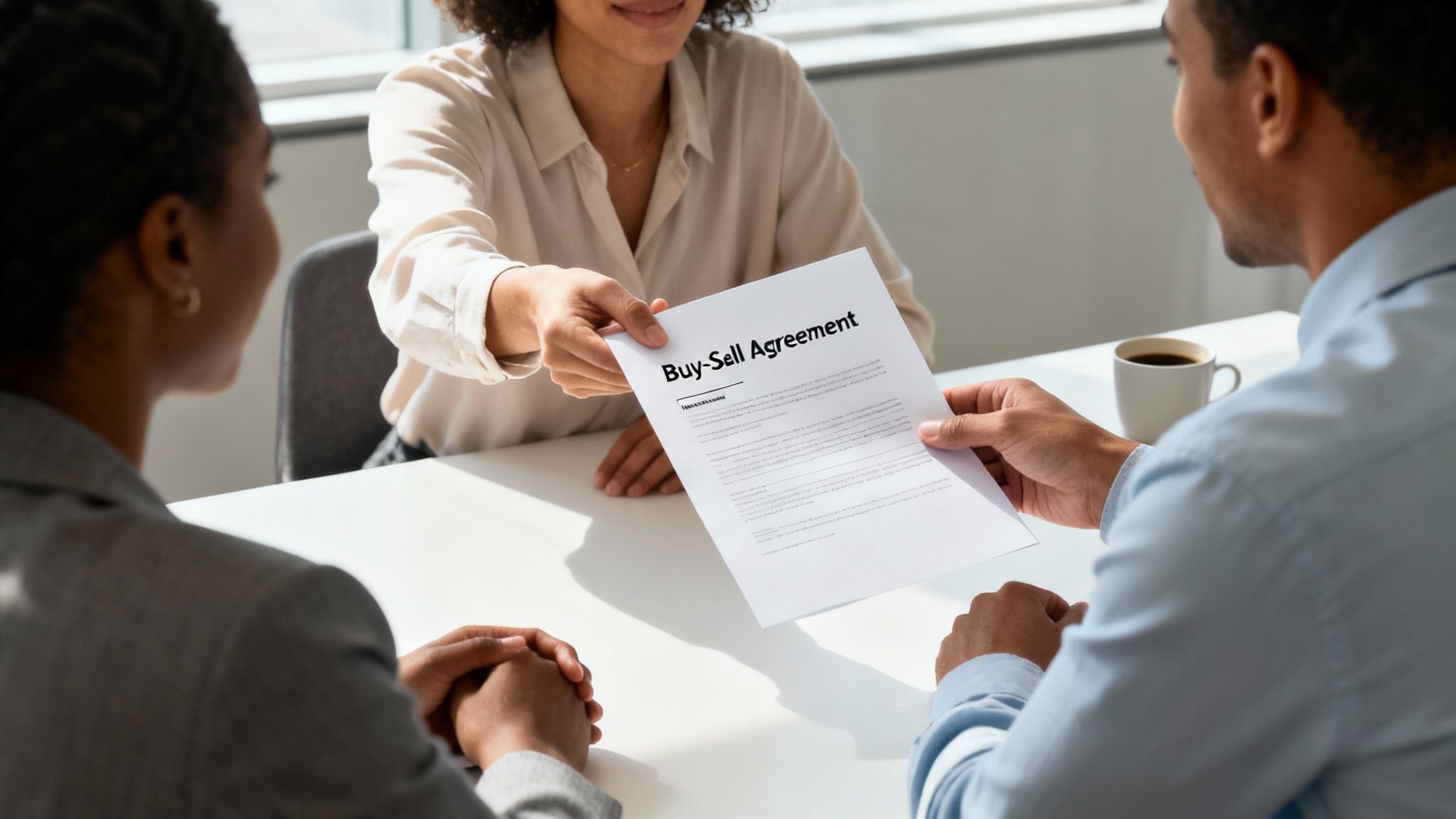 A person hands a 'Buy-Sell Agreement' document to another person during a meeting.