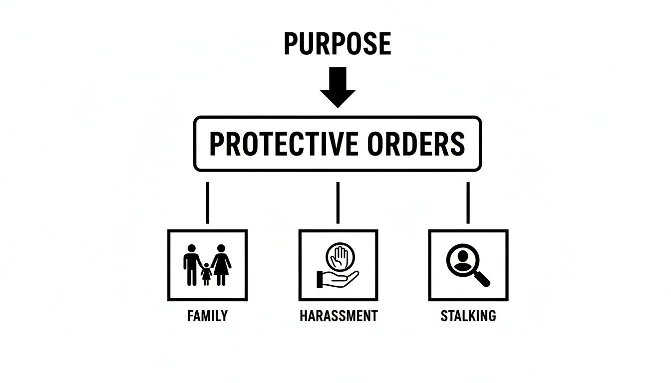 Diagram illustrating the purpose and categories of protective orders: family, harassment, and stalking.