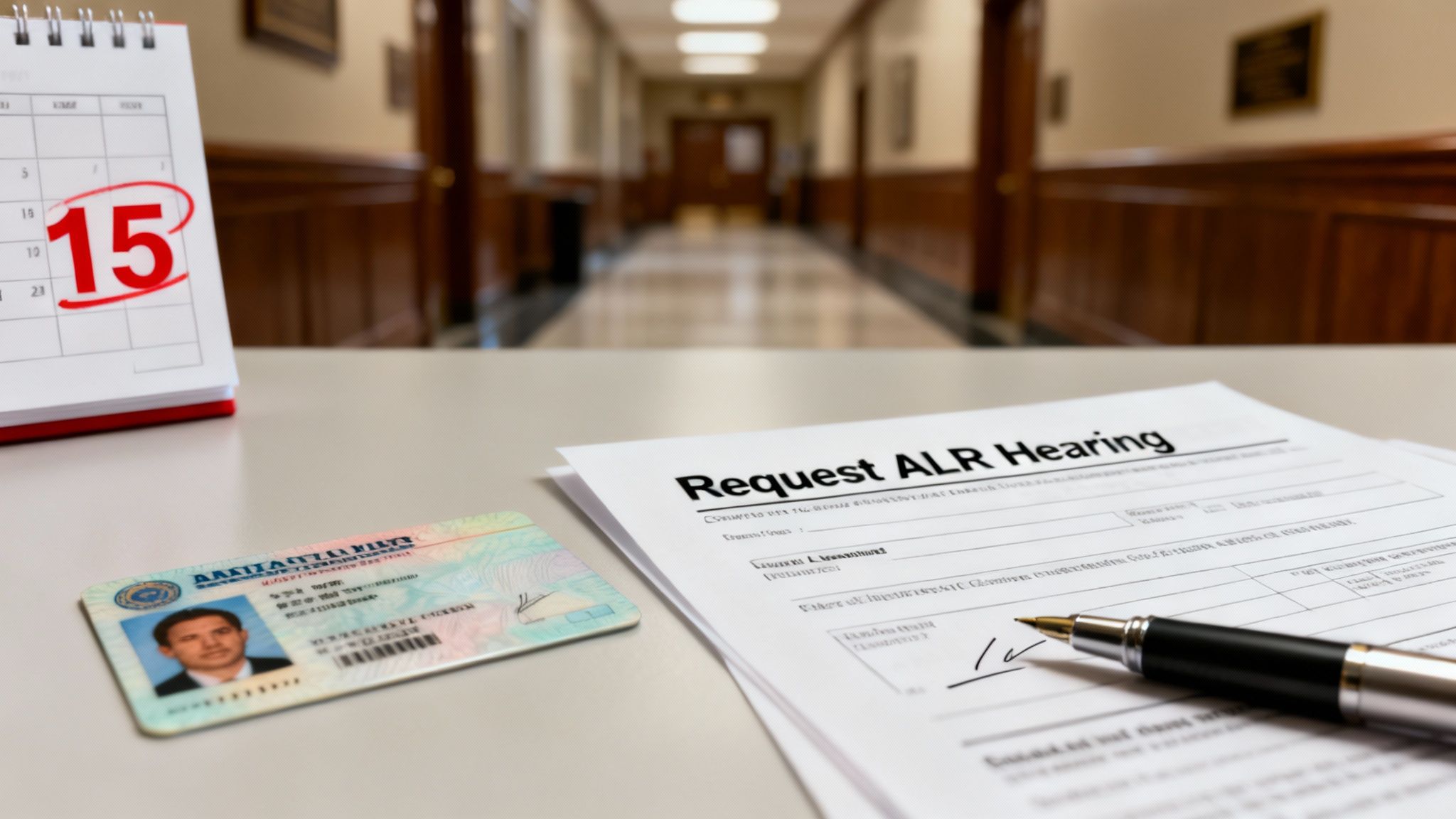 Calendar marked with the 15th, Texas driver's license, and ALR hearing request form on a table in a courthouse setting, emphasizing urgency in DWI legal proceedings.