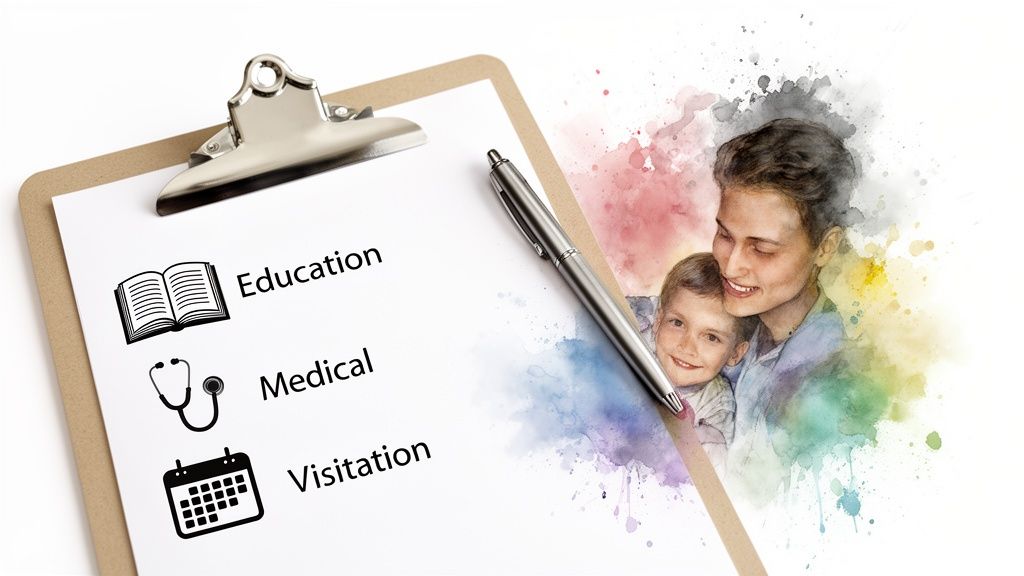 Clipboard with a list of co-parenting plan components including education, medical, and visitation, featuring a mother and child smiling together in a colorful watercolor background.