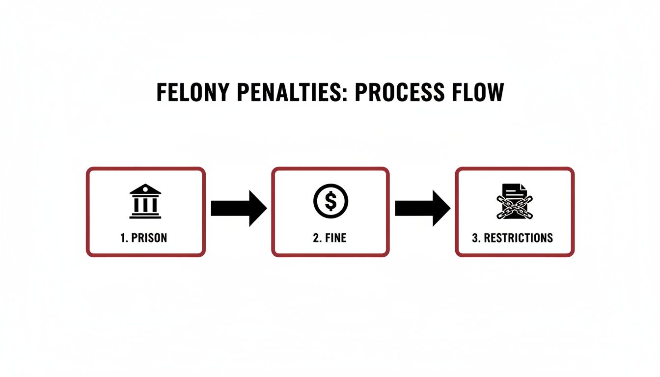 A flowchart titled 'Felony Penalties: Process Flow' illustrates prison, fine, and restrictions as consequences.