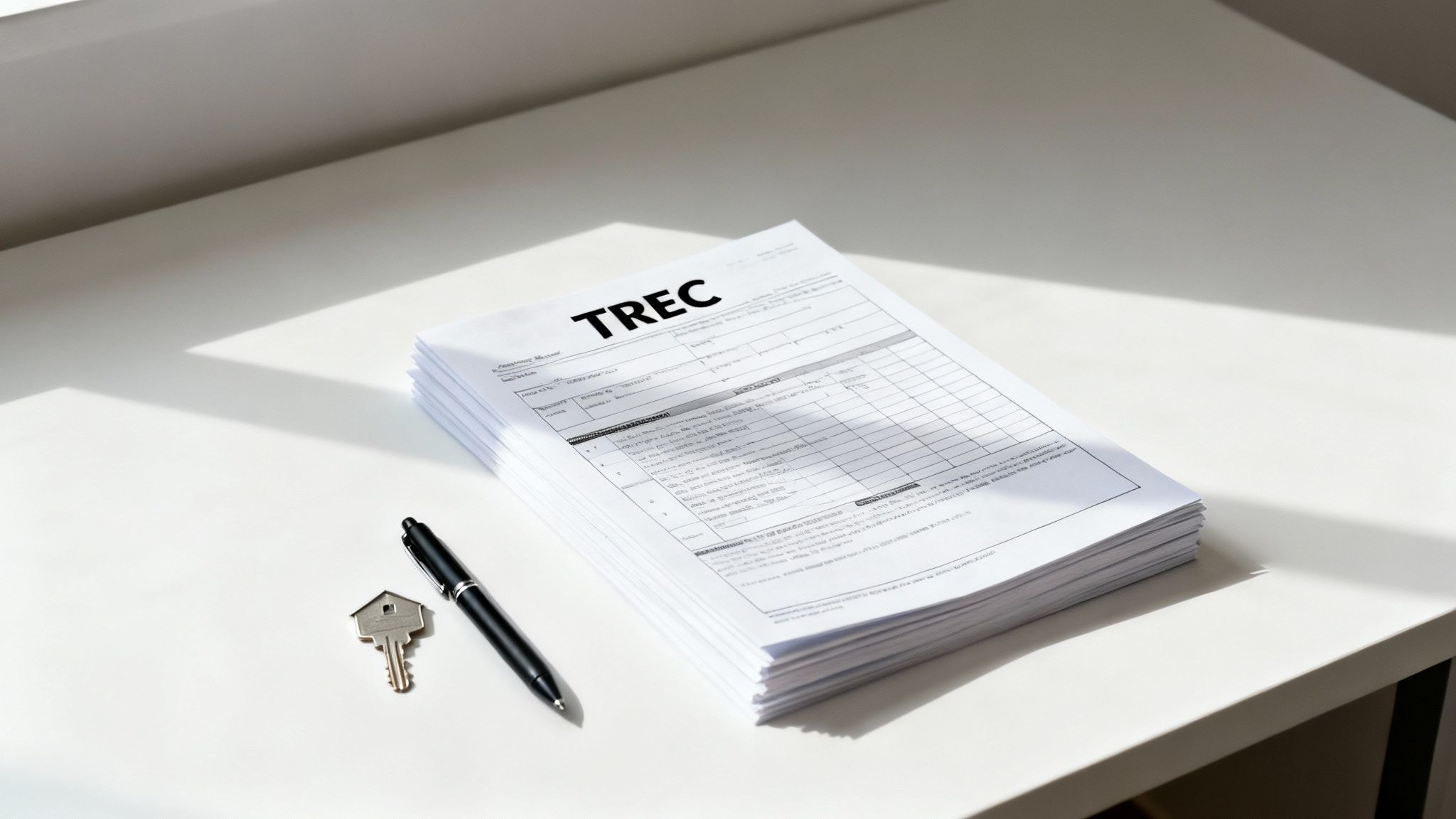 TREC real estate forms stacked on a table with a key and pen, symbolizing Texas real estate transactions and legal documentation.