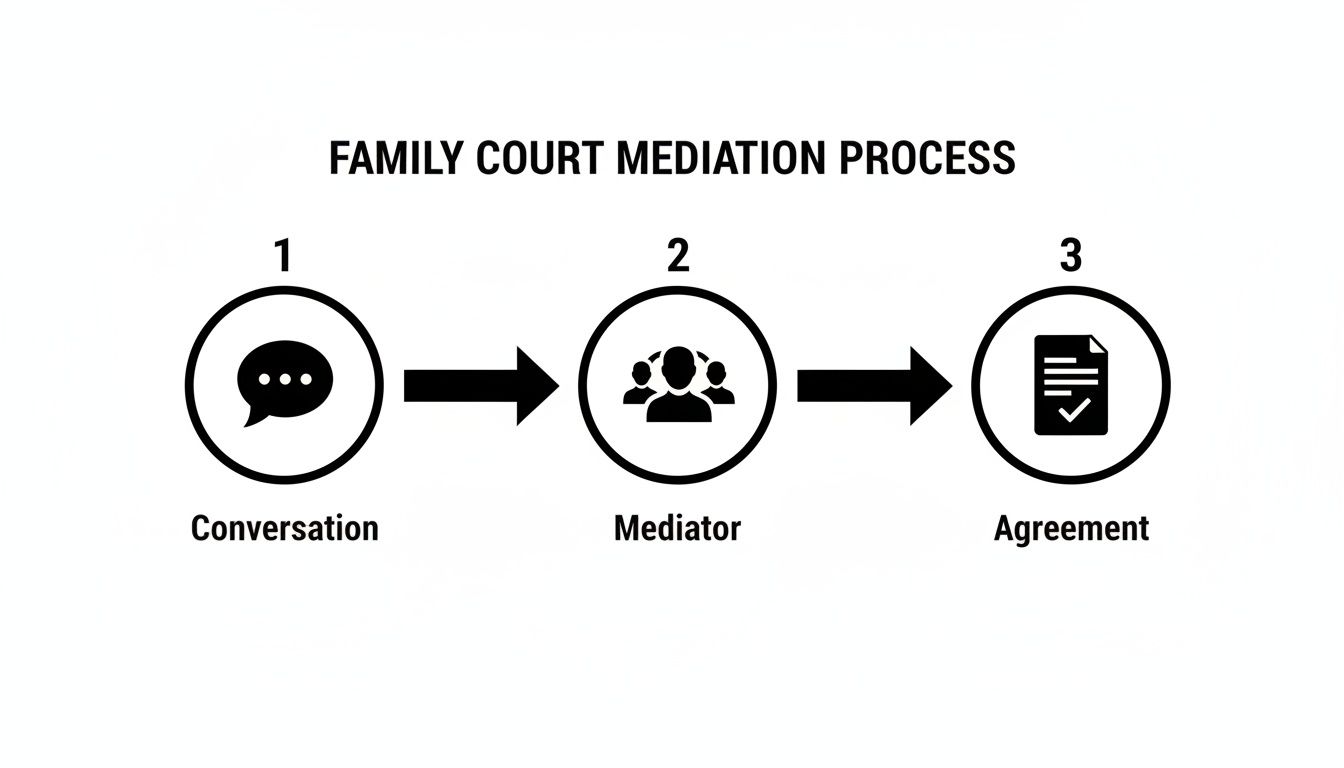 A diagram illustrating the family court mediation process, showing conversation, mediator, and agreement steps.