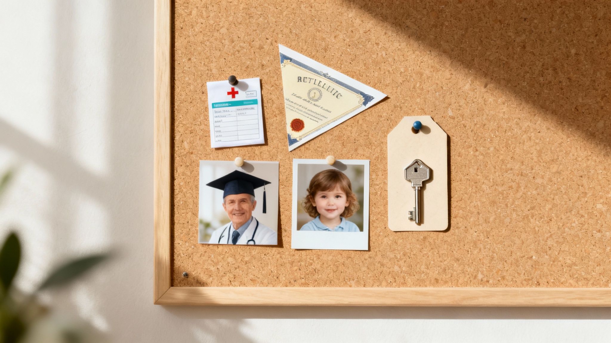 A cork board displays a medical form, diploma, photos of a graduate doctor and a child, and a key.