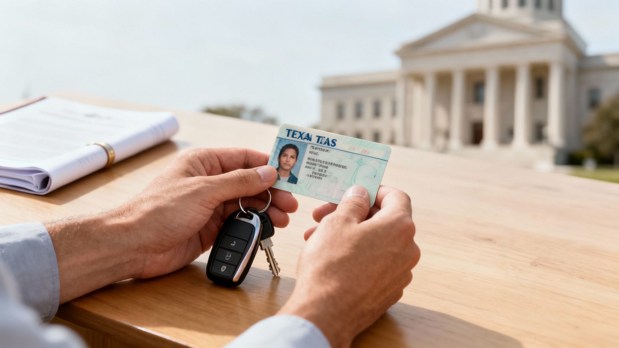 Close-up of hands holding a Texas driver's license and car keys on a wooden table.