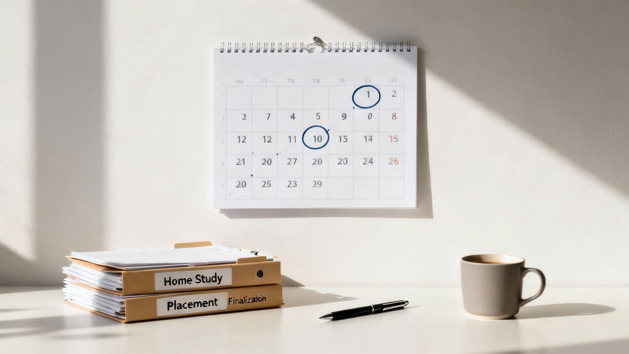 A calendar with a heart circled around a date, representing the wait and hope in the adoption process.