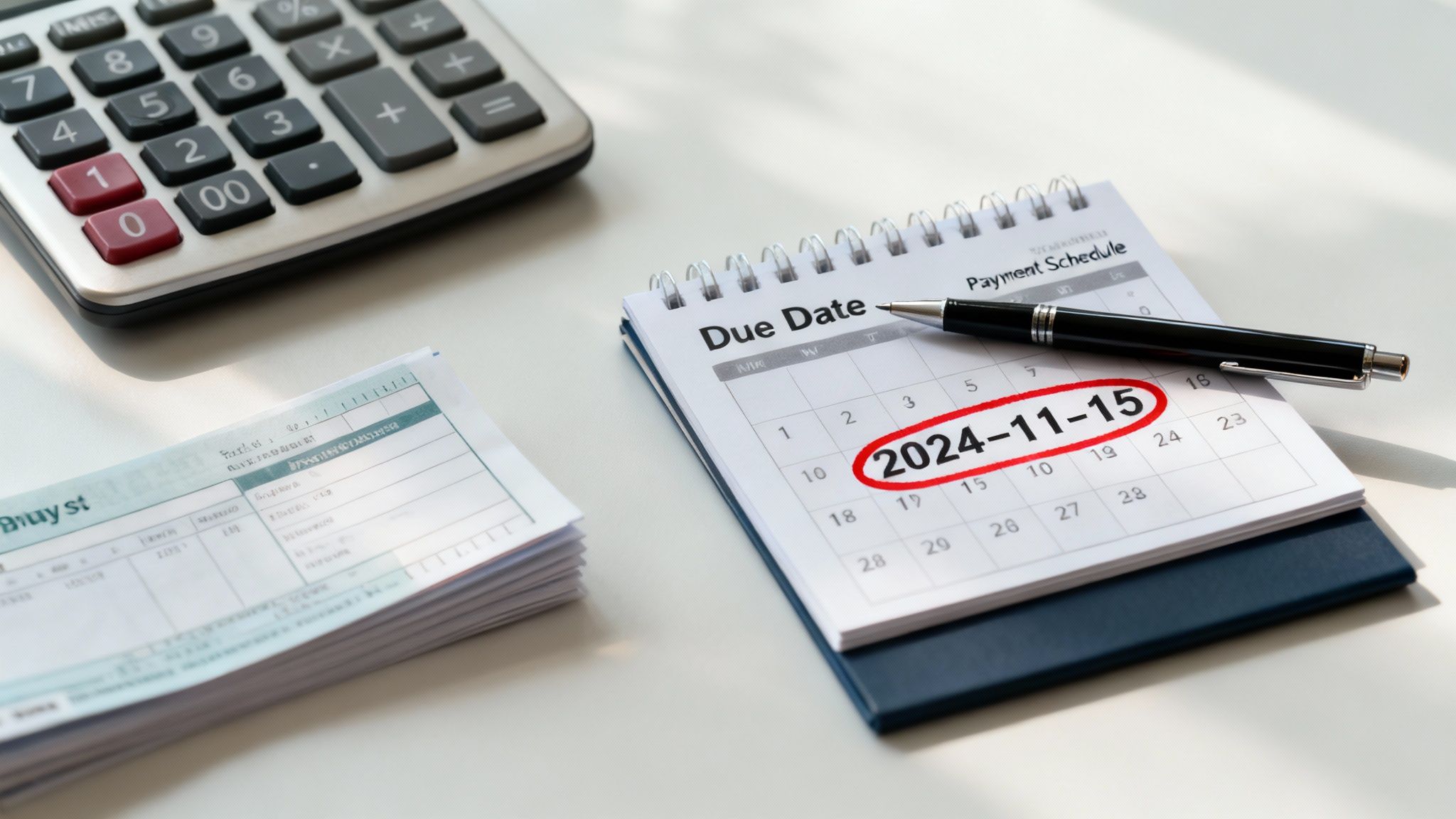 A calendar open to a payment schedule with November 15, 2024, circled as a due date, next to a calculator and documents.