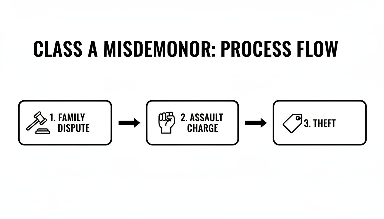 Process flow diagram illustrating three steps of a Class A Misdemeanor: family dispute, assault charge, and theft.
