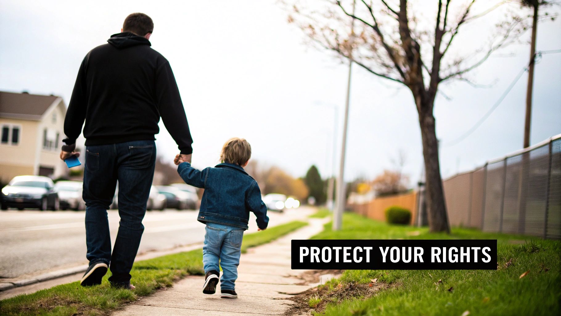 A father and child hold hands while walking on a sidewalk with 'PROTECT YOUR RIGHTS' overlay.