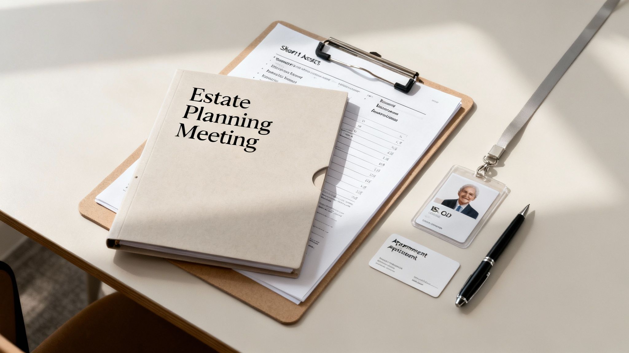 Estate planning meeting materials including a folder labeled 'Estate Planning Meeting', a clipboard with a checklist, an appointment card, and a pen, symbolizing preparation for consultations with an estate planning attorney in Atascocita, Texas.