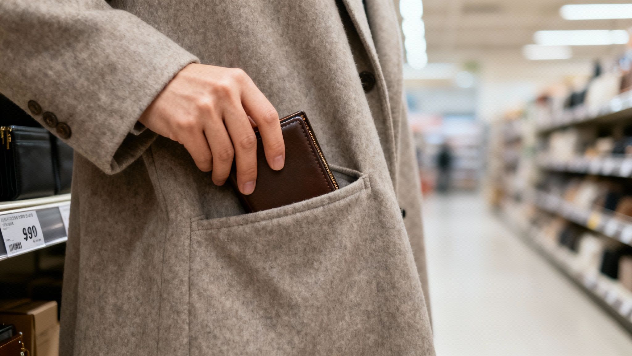 A person's hand secretly putting a brown wallet into their coat pocket in a store aisle.