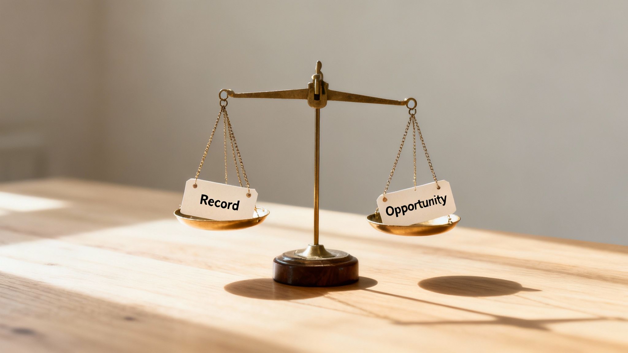 Scales balancing tags labeled "Record" and "Opportunity," symbolizing the choice between a DWI conviction and deferred adjudication benefits.
