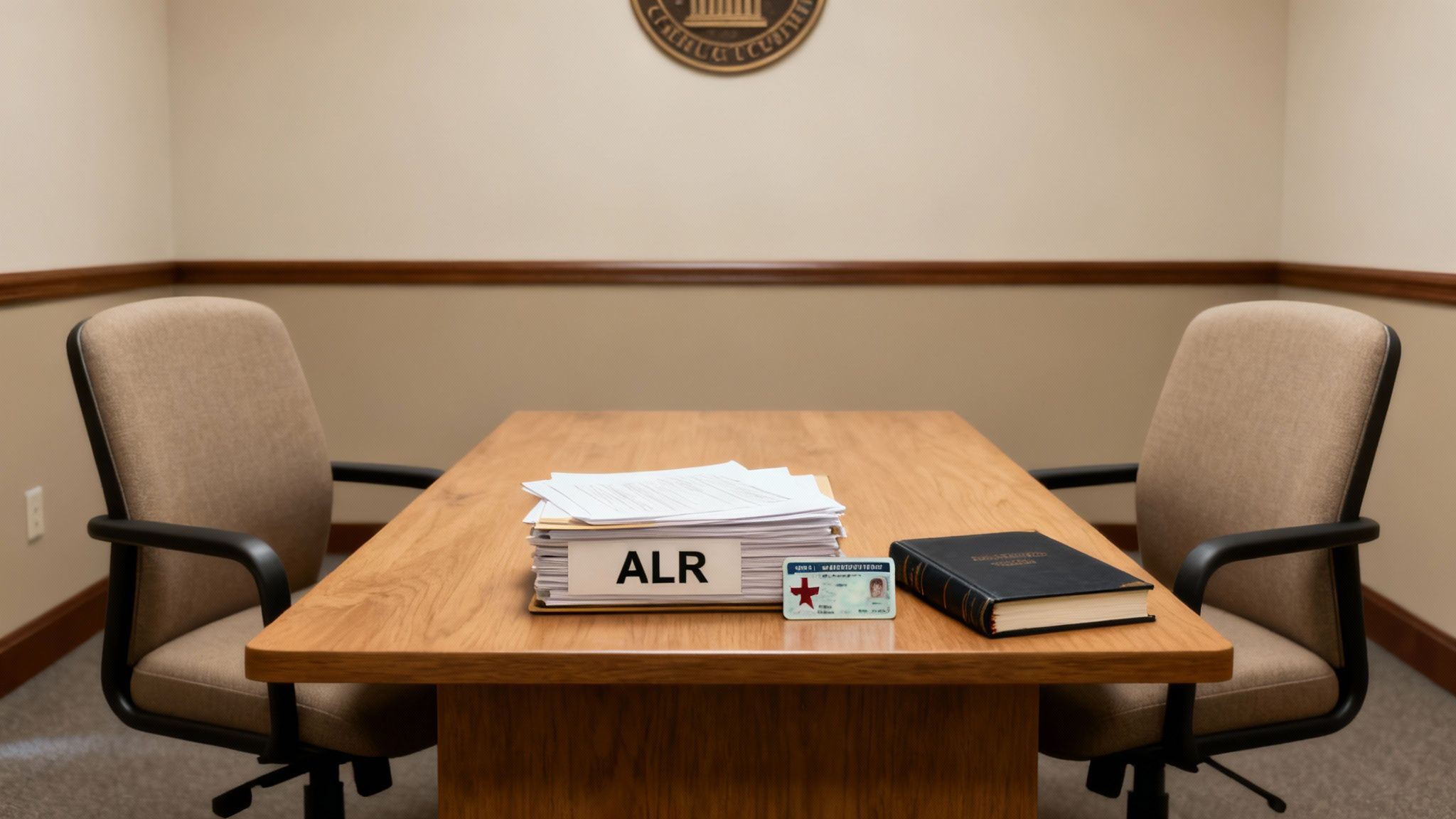Table with ALR documents, Texas driver's license, and law book in an administrative hearing room, symbolizing the DWI administrative process.