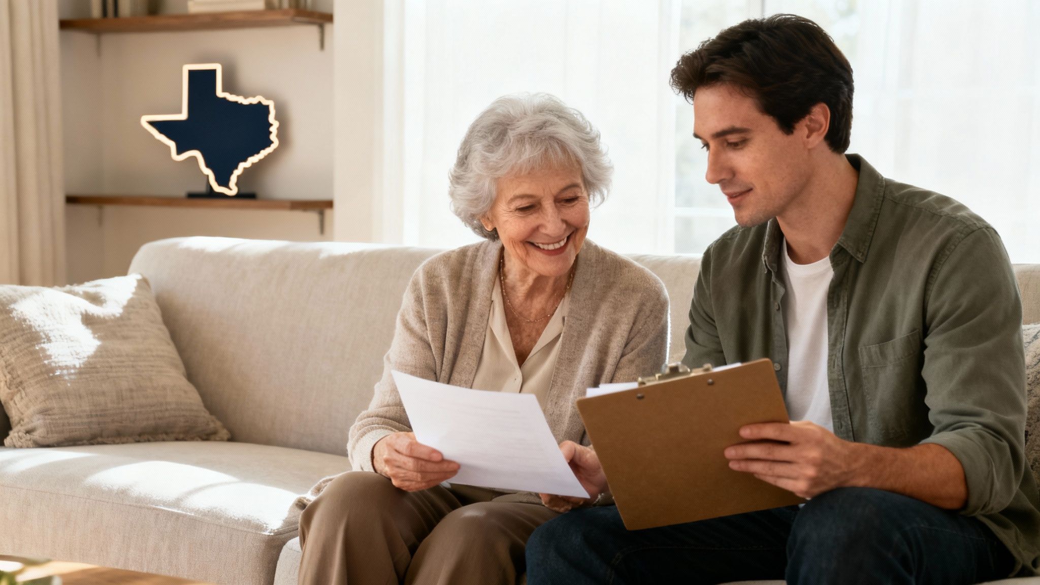 An elderly woman and a young man on a couch reviewing documents, with a Texas state outline light behind them.