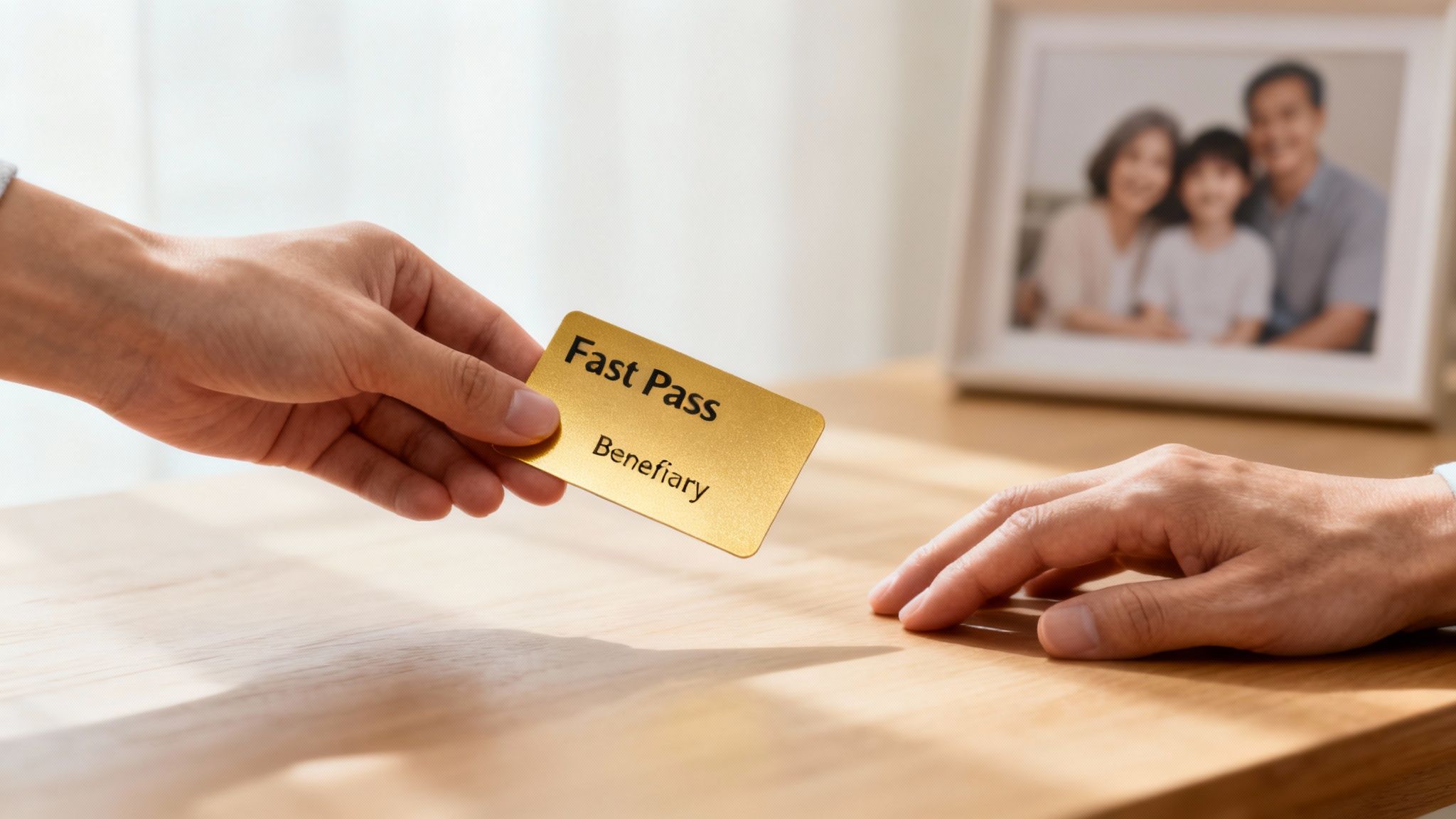 Hand passing a gold card labeled "Fast Pass Beneficiary" on a wooden table, symbolizing non-probate assets in estate planning.
