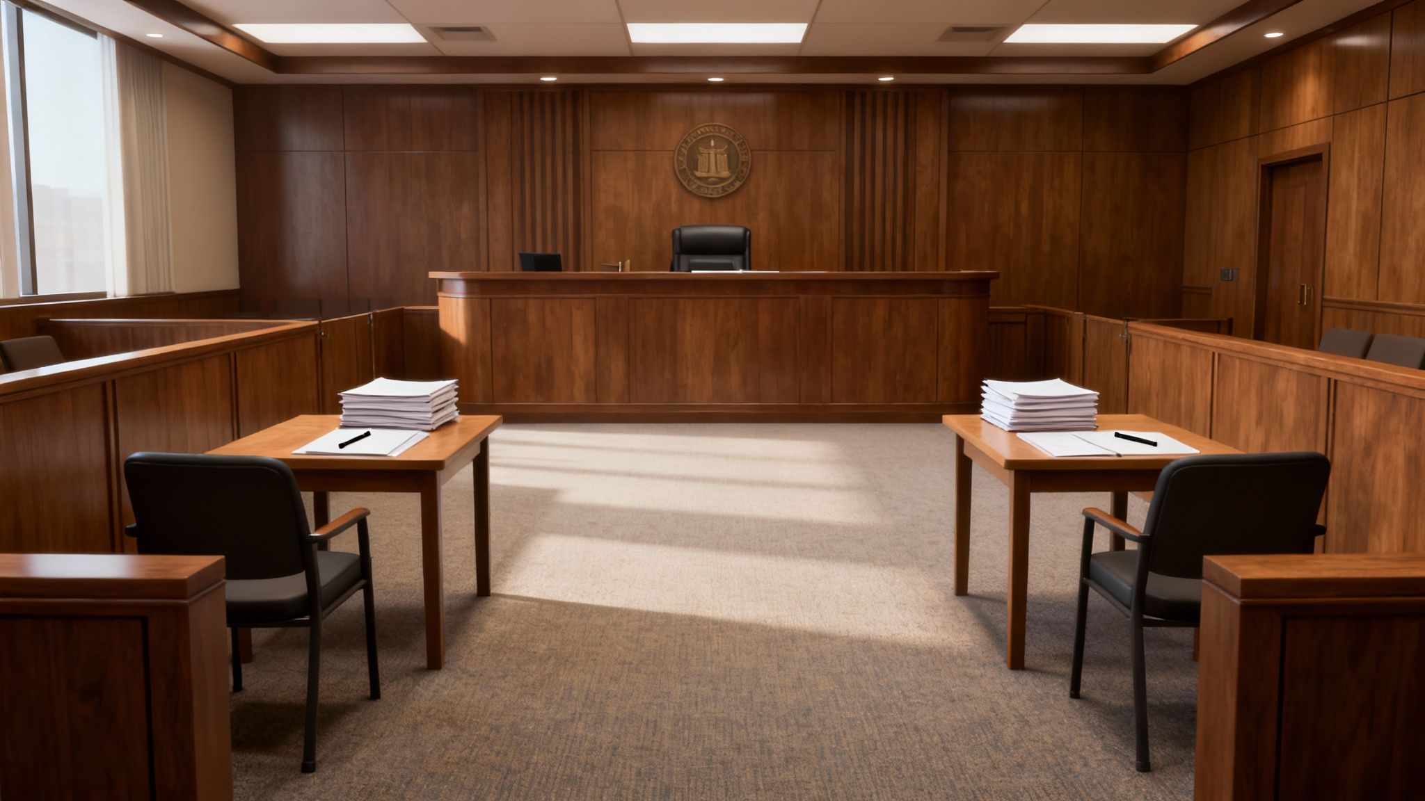 An empty, traditional courtroom with a judge's bench, wooden paneling, and two tables with papers.