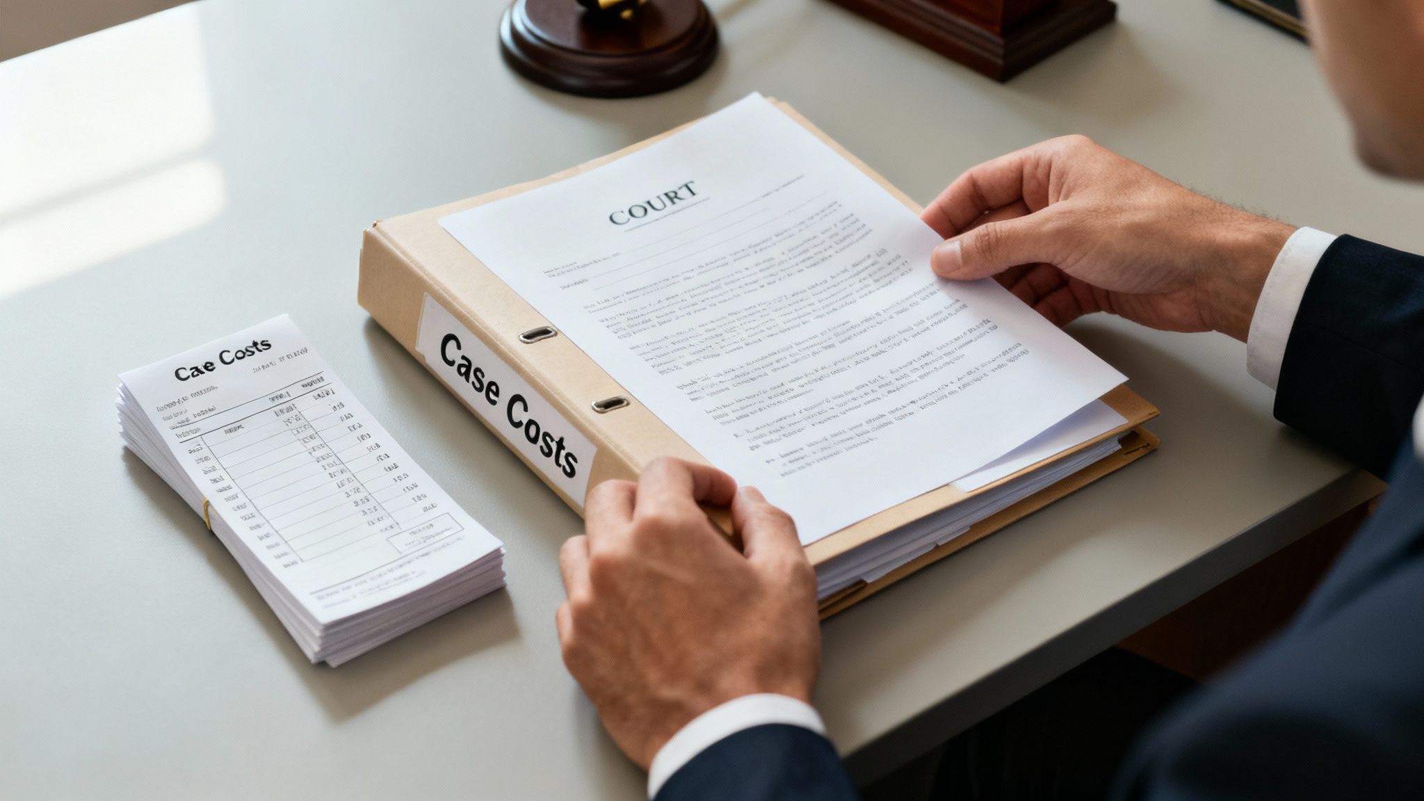 Legal professional reviews court documents and 'Case Costs' binder at a desk, with a gavel.