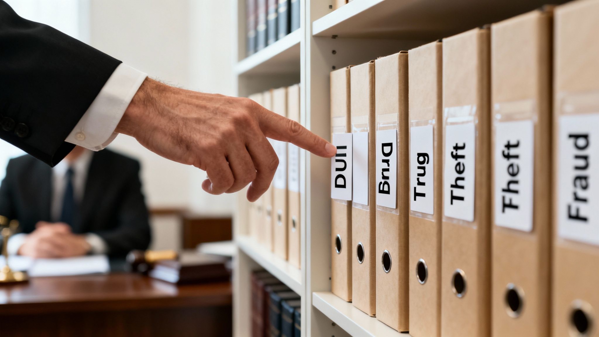 A lawyer's hand points to a 'DUI' criminal case file on a shelf in a law office.