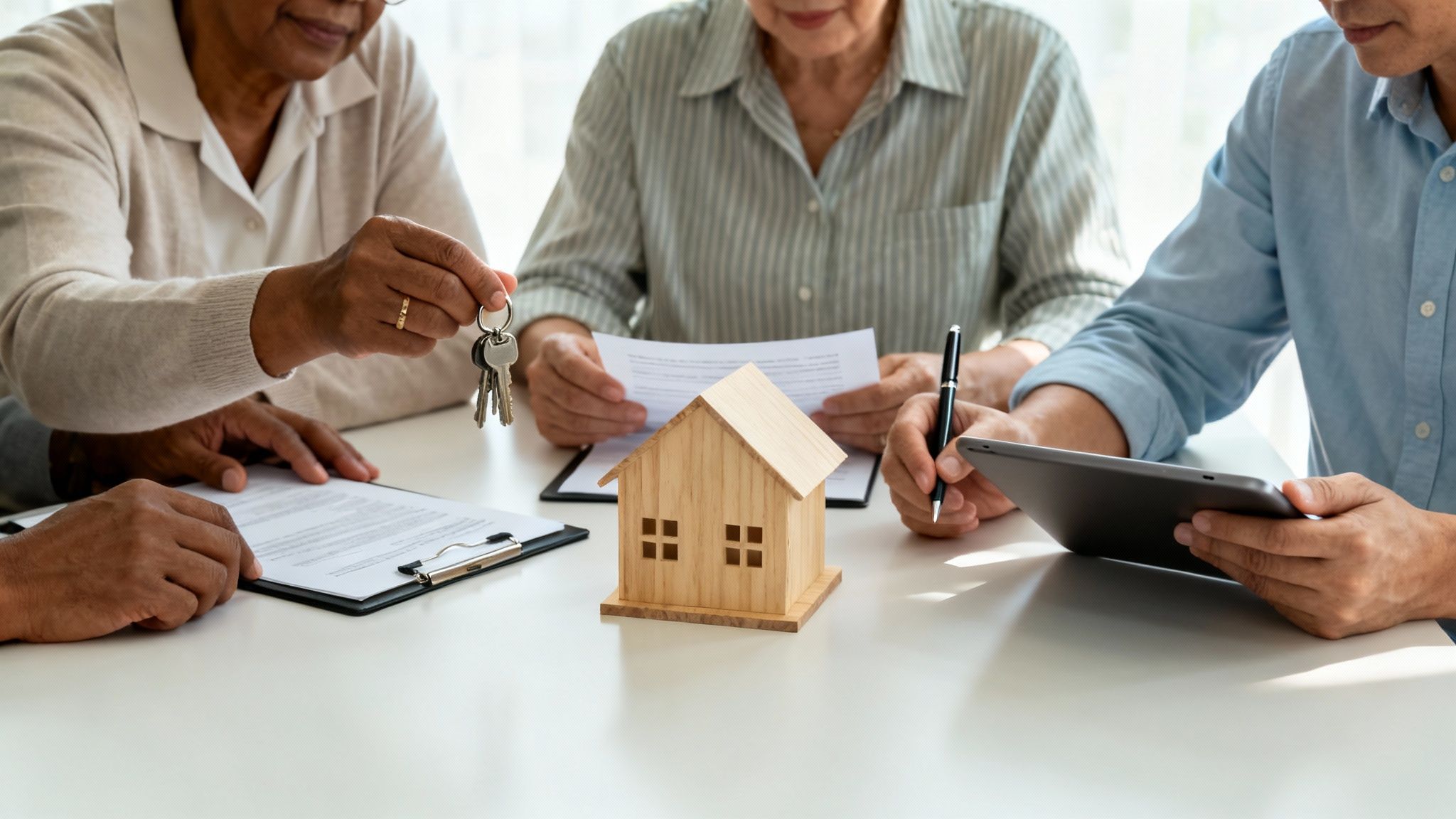 A group of diverse individuals sitting around a table, symbolizing the various roles within a living trust.