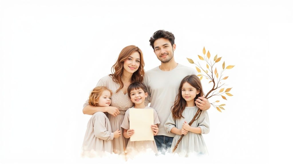 Family portrait of a blended family, including a mother, father, and three children, holding a document and a branch with leaves, representing estate planning for blended families in Texas.