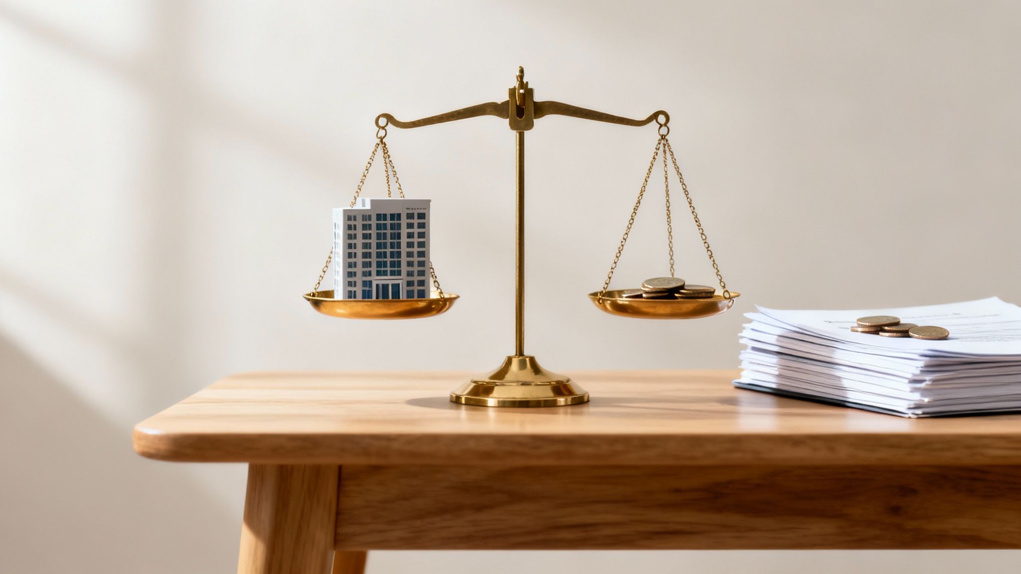 A scale balances a building model against coins, representing property valuation in finance or legal contexts.