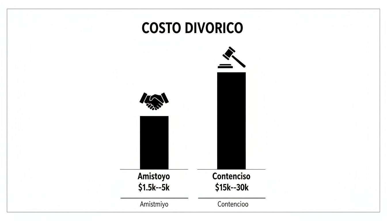 Gráfico de barras que compara los costos de un divorcio amistoso ($1.5k-$5k) con uno contencioso ($15k-$30k).