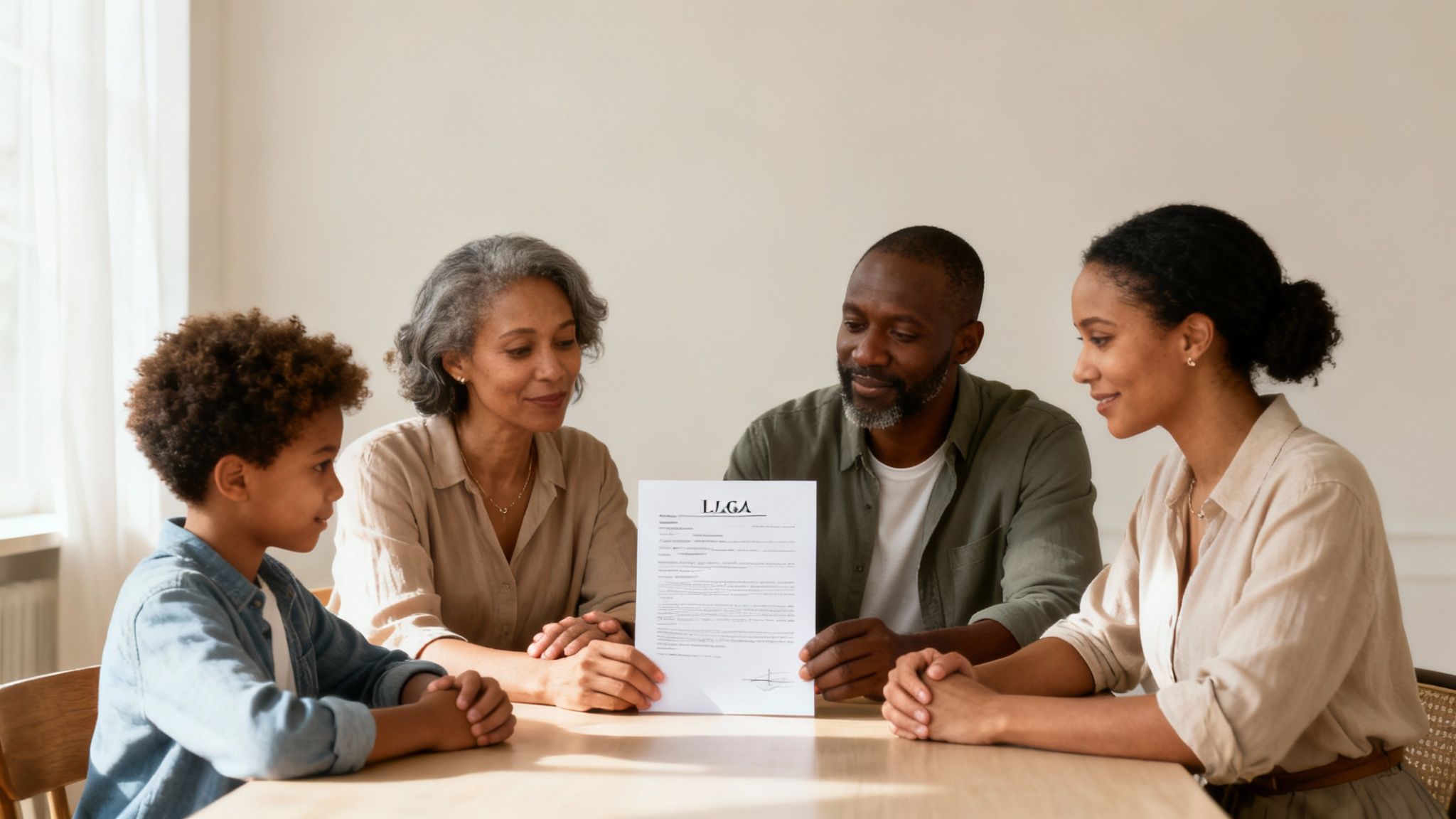 Familia multigeneracional reunida en mesa revisando documento legal de patria potestad con asesor