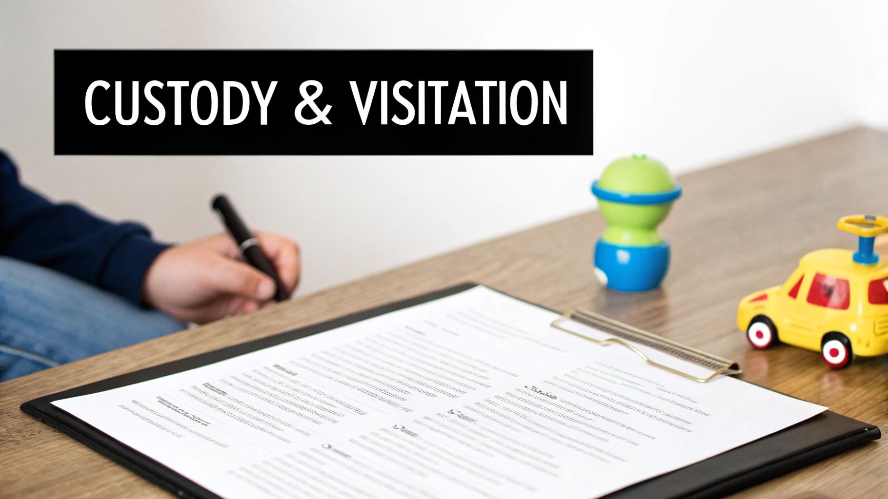 A child's hand writes on a legal document with toys on a desk, next to a 'CUSTODY & VISITATION' sign.