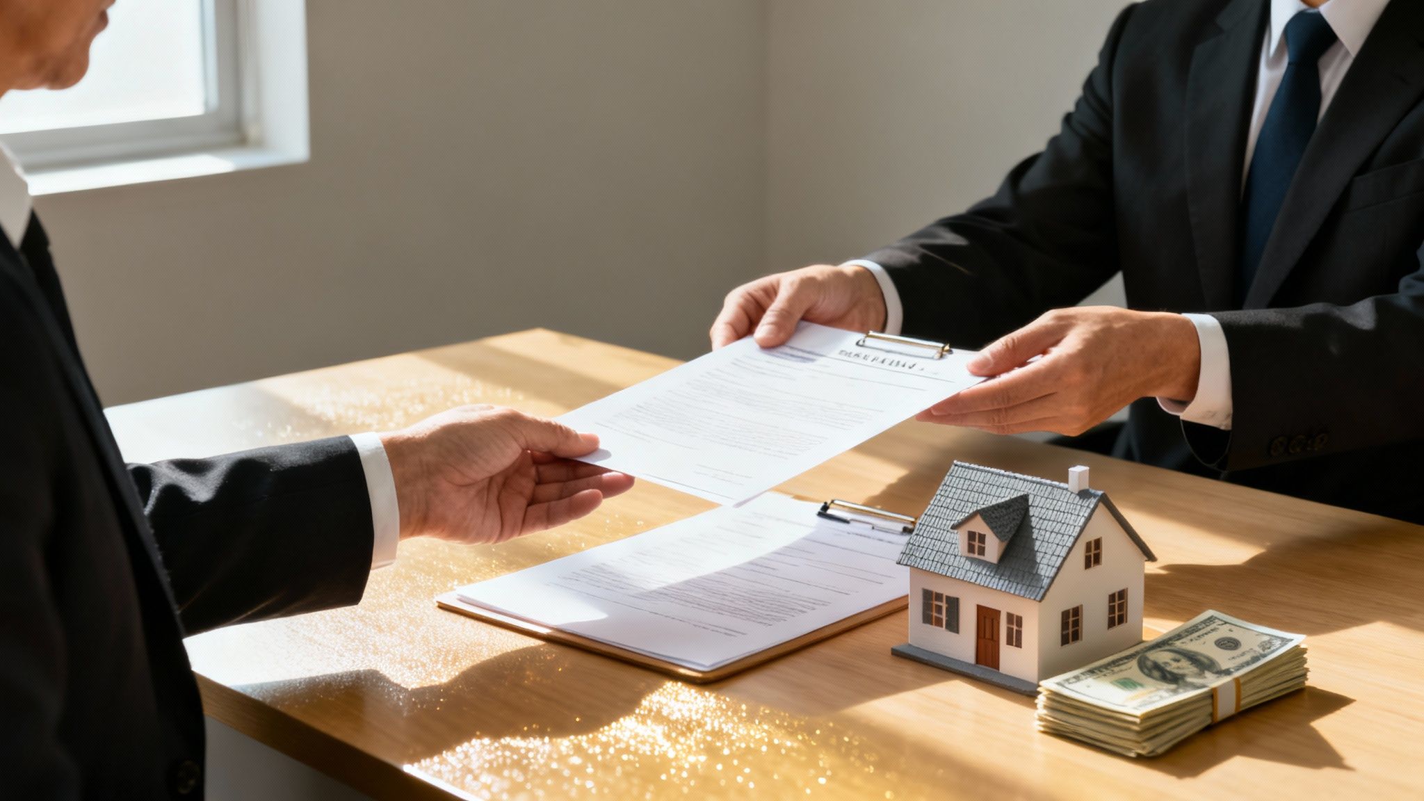 Business professionals exchanging legal documents regarding trust administration, with a model house and cash on the table, illustrating trust distribution and financial accountability.