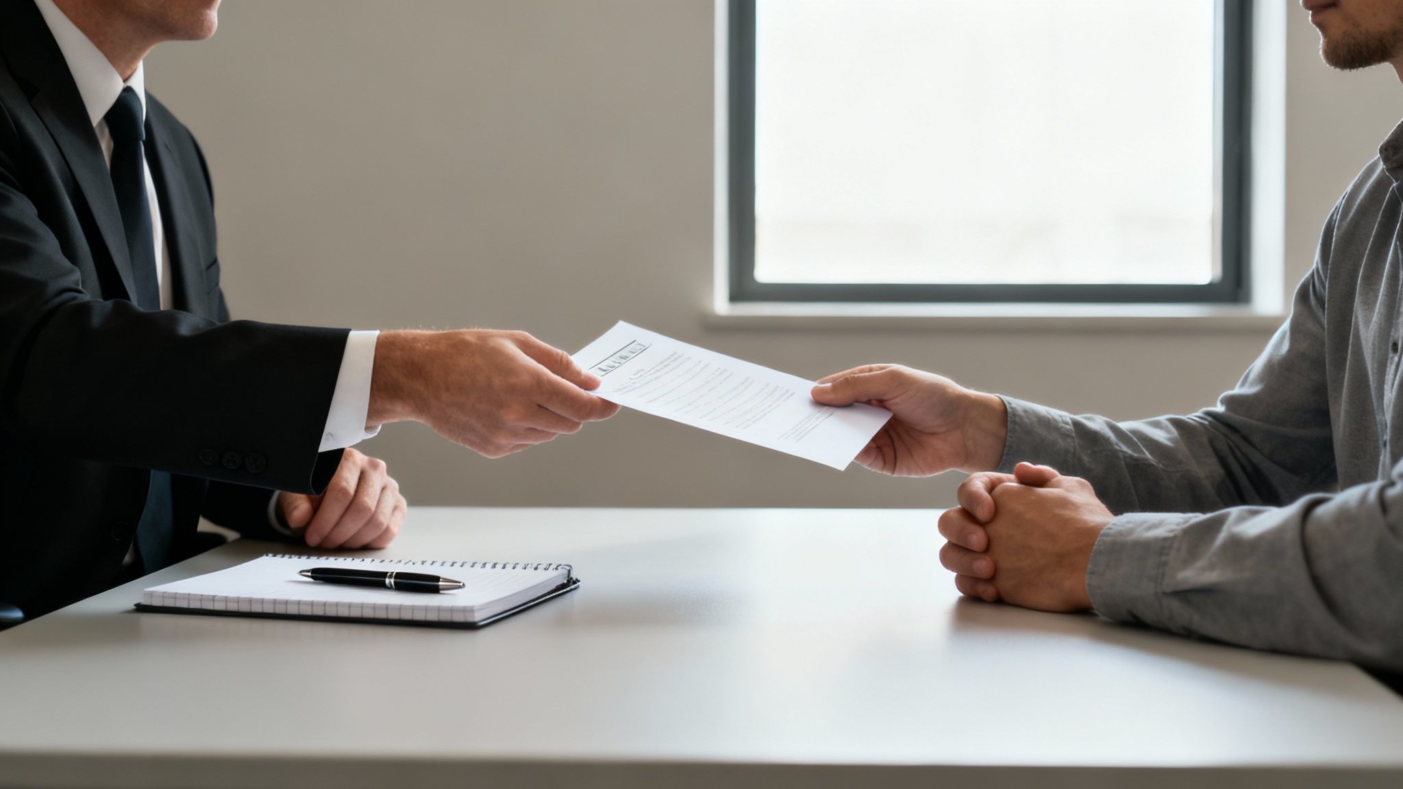 A defense attorney speaking confidently with a client in a law office.