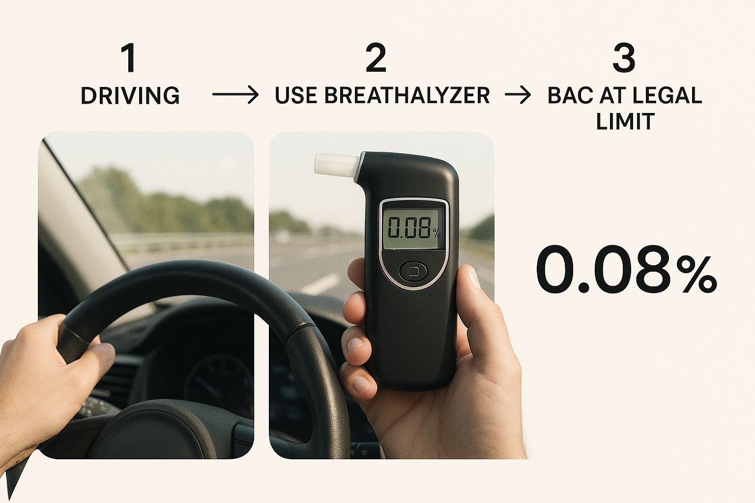 Driving with a breathalyzer showing 0.08% BAC, illustrating legal intoxication limits in Texas.