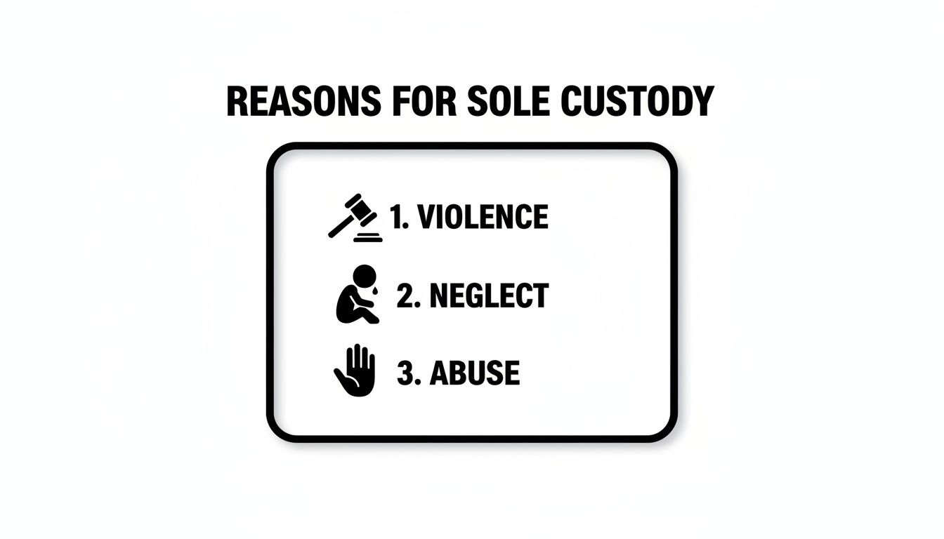 Reasons for sole custody: violence, neglect, abuse; graphic illustrating serious factors influencing custody decisions in Texas.