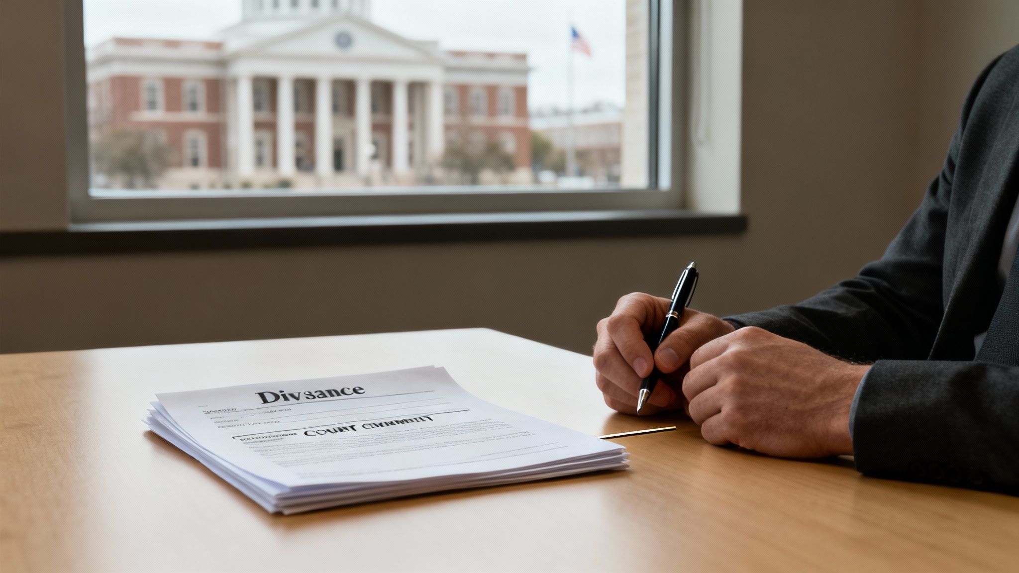 A person looking thoughtfully at legal documents related to a divorce case.